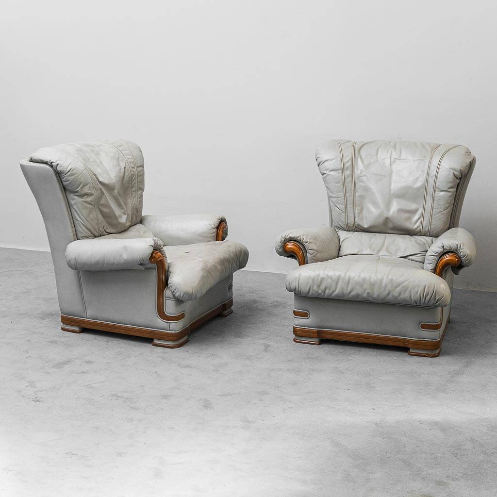 Pair of vintage armchairs in grey leather and wood, 1950s modernism
