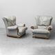 Pair of vintage armchairs in grey leather and wood, 1950s modernism