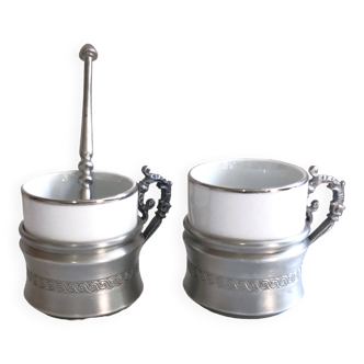 Duo tasses à café porcelaine et étain Italie Rétro