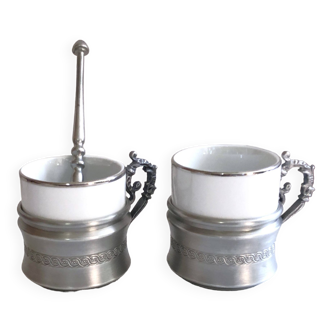Duo porcelain and pewter coffee cups Italy Retro