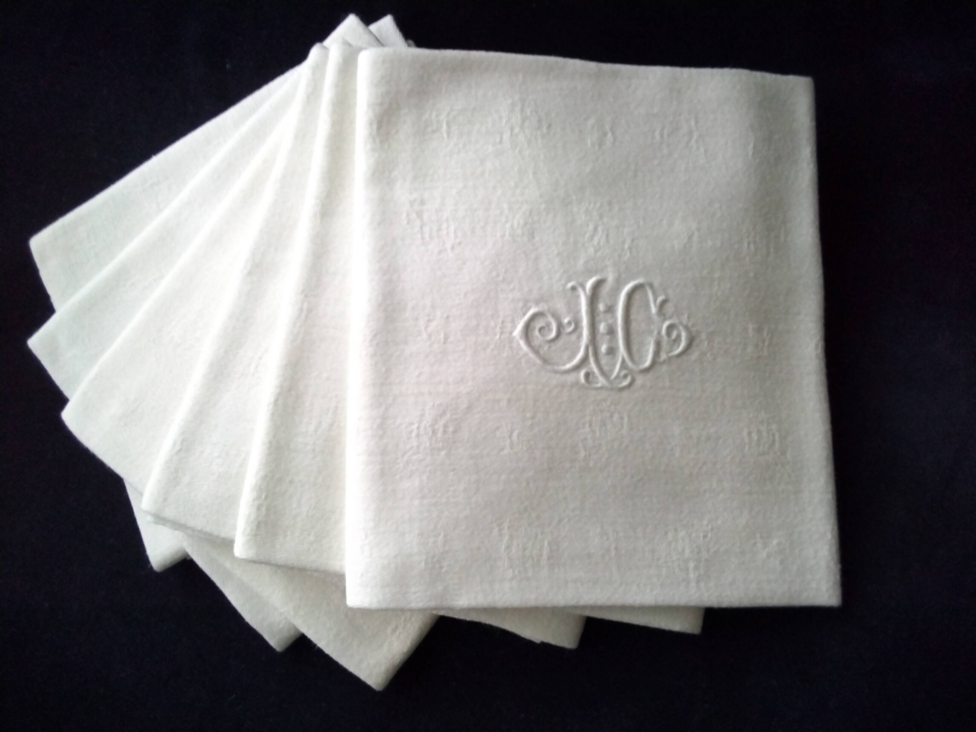 6 White Damask Cotton Napkins Monogram JC