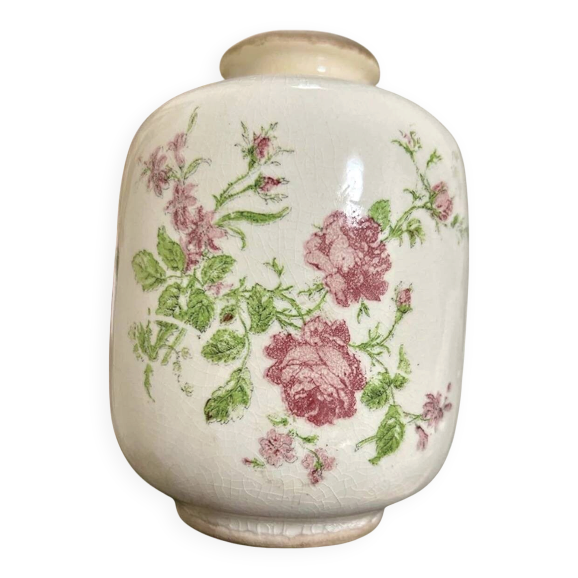 Cracked earthenware vase – Floral rose decoration – Transferware style