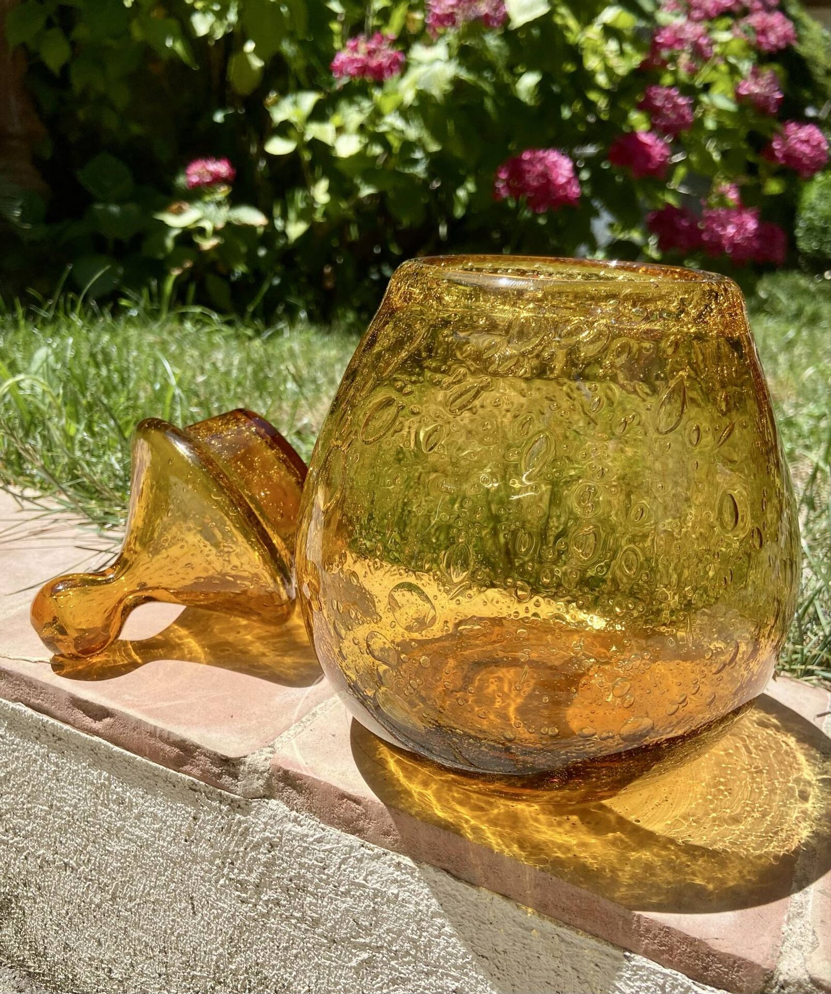 Large amber bubble glass sweet jar from Biot, 1960s.
