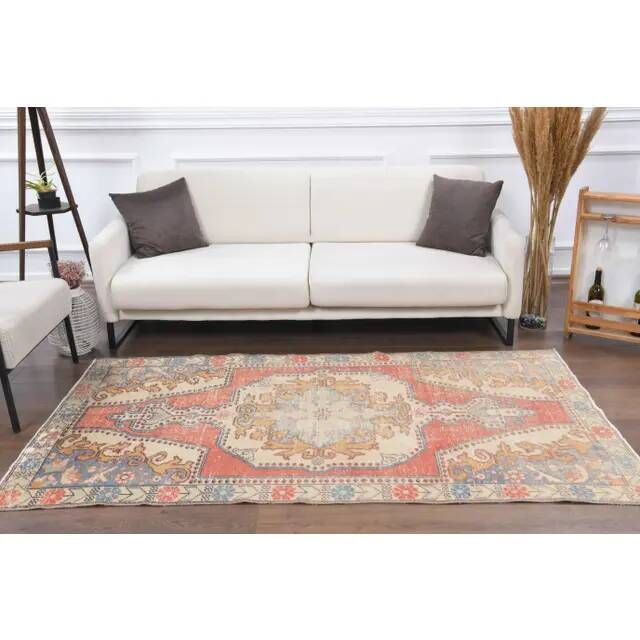 Vintage Turkish Oushak Handmade Wool Cotton Red Area Rug 123x220