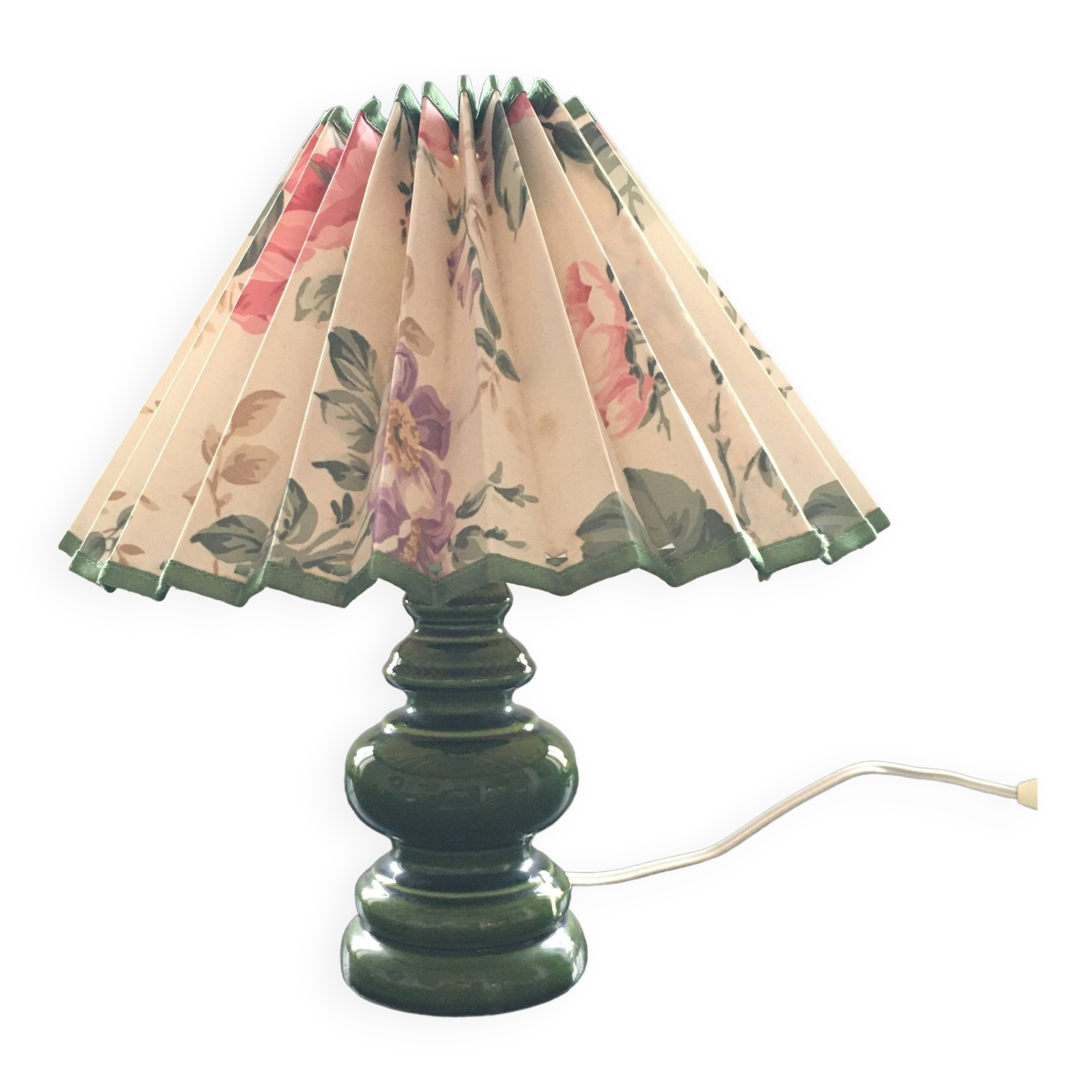Green ceramic lamp and flowered lampshade