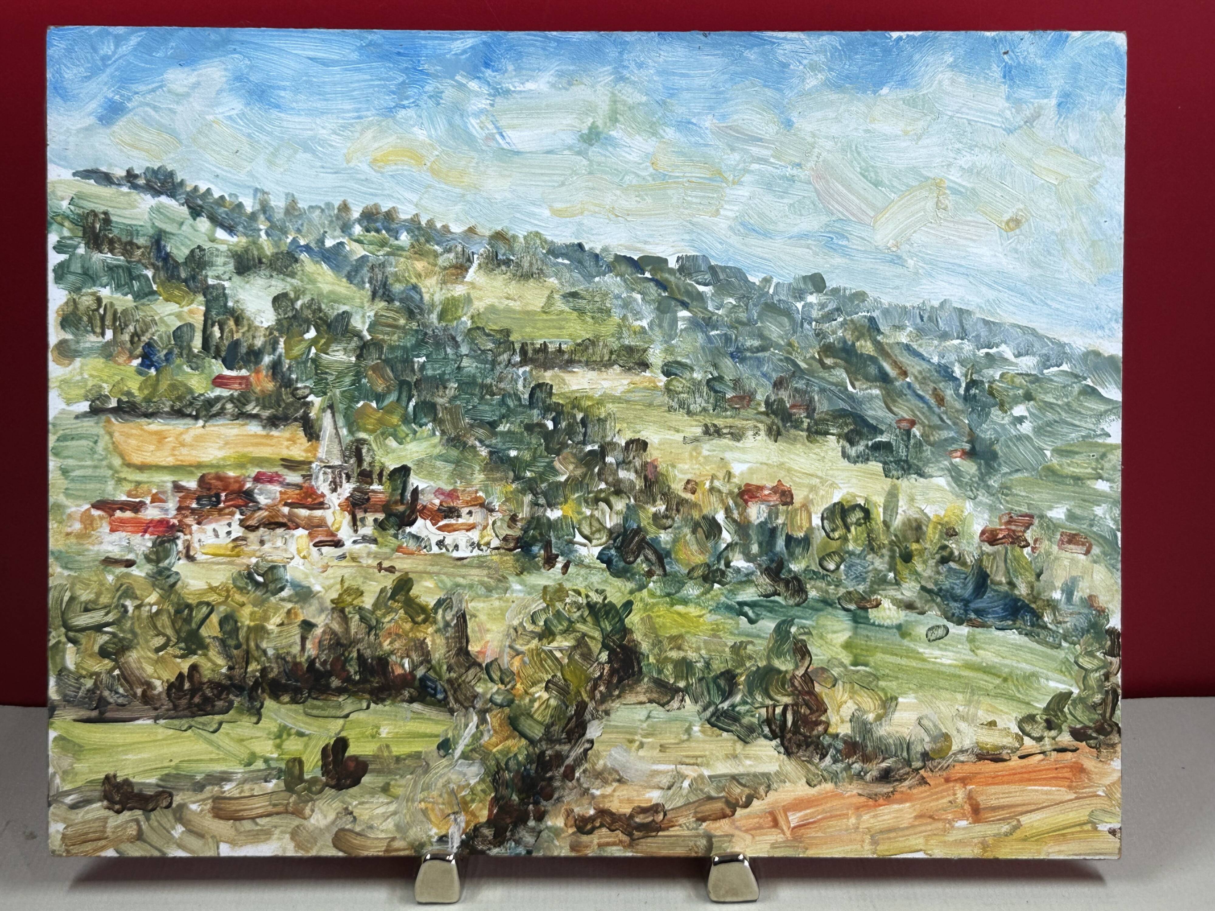 View of a countryside village, oil on hardboard.