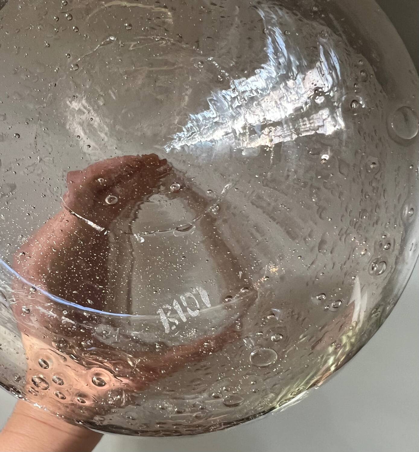 Biot water or wine carafe, pink bubble glass