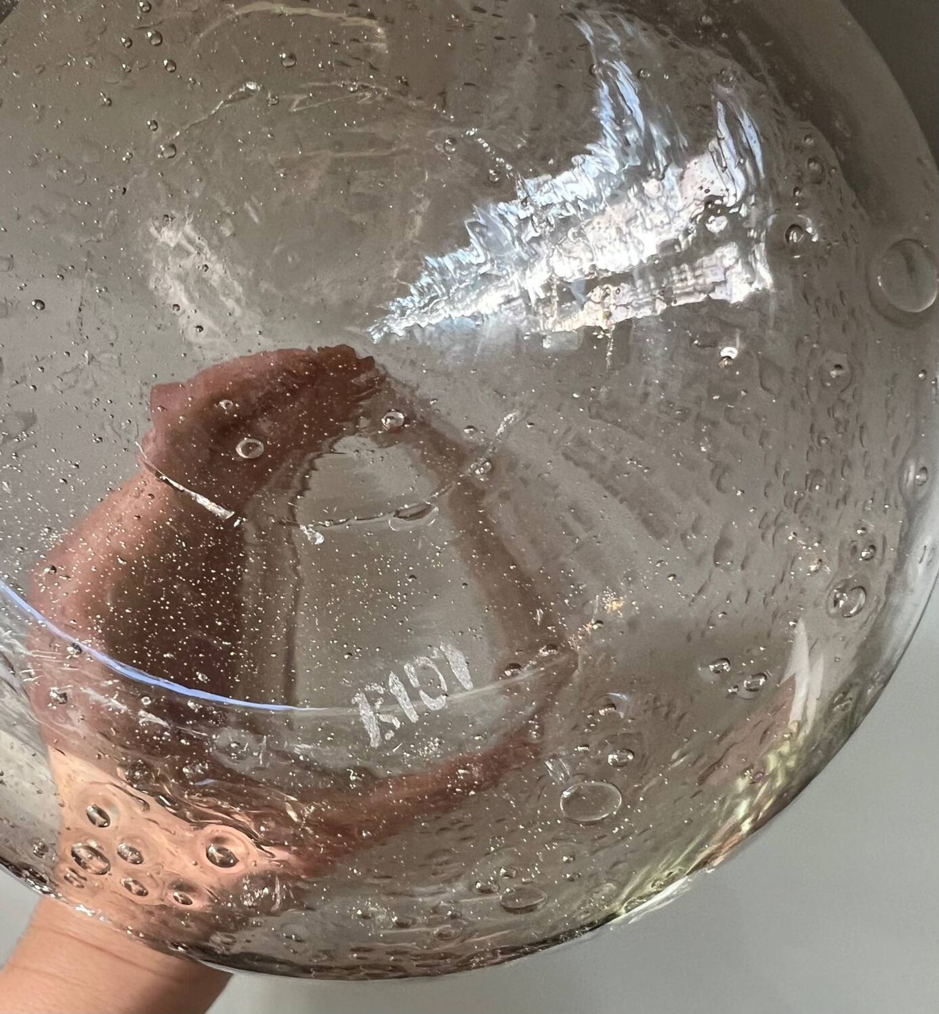 Biot water or wine carafe, pink bubble glass
