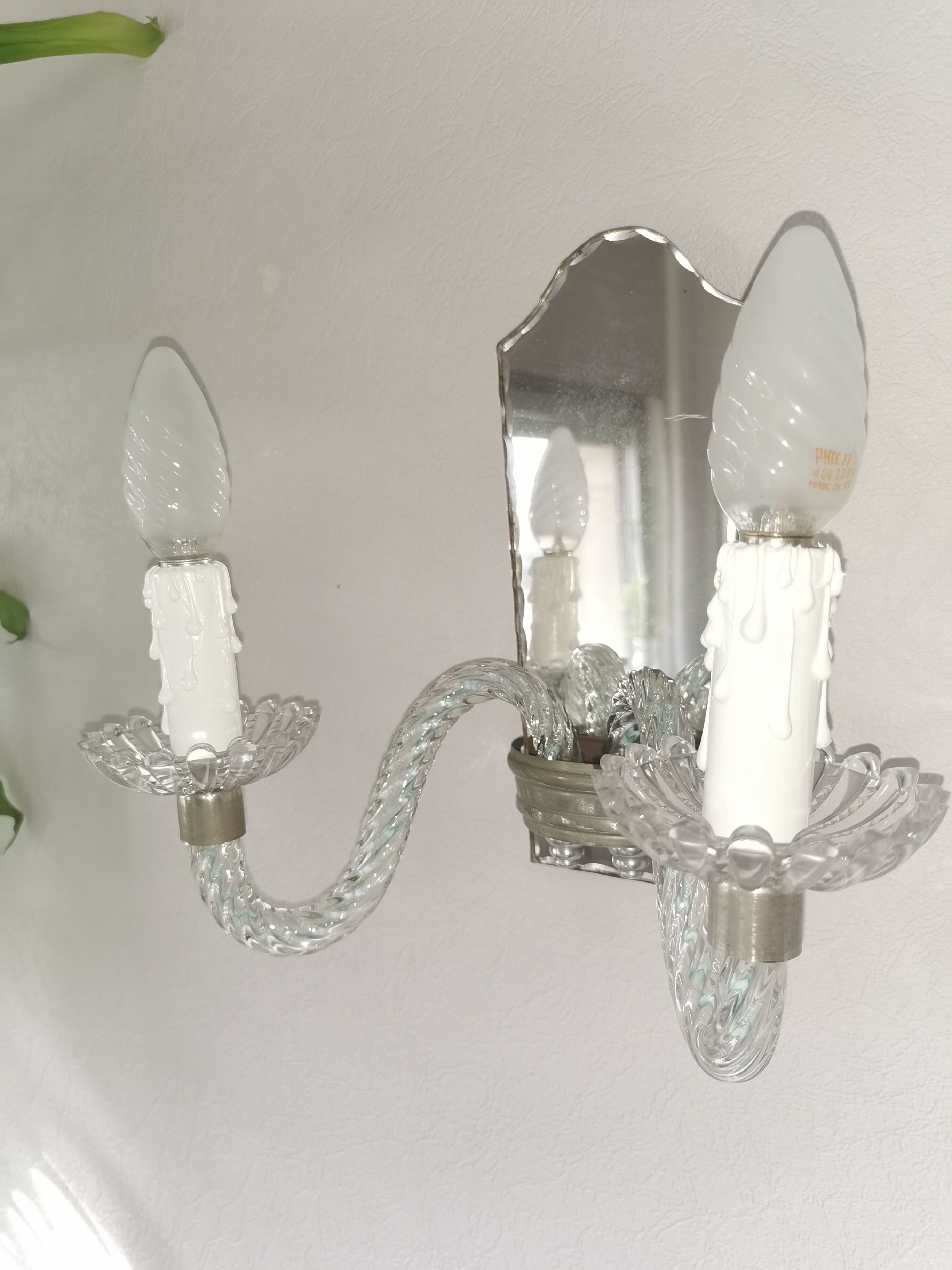 Wall applique, two-pointed glass chandelier, chiseled mirror and steel, 20th