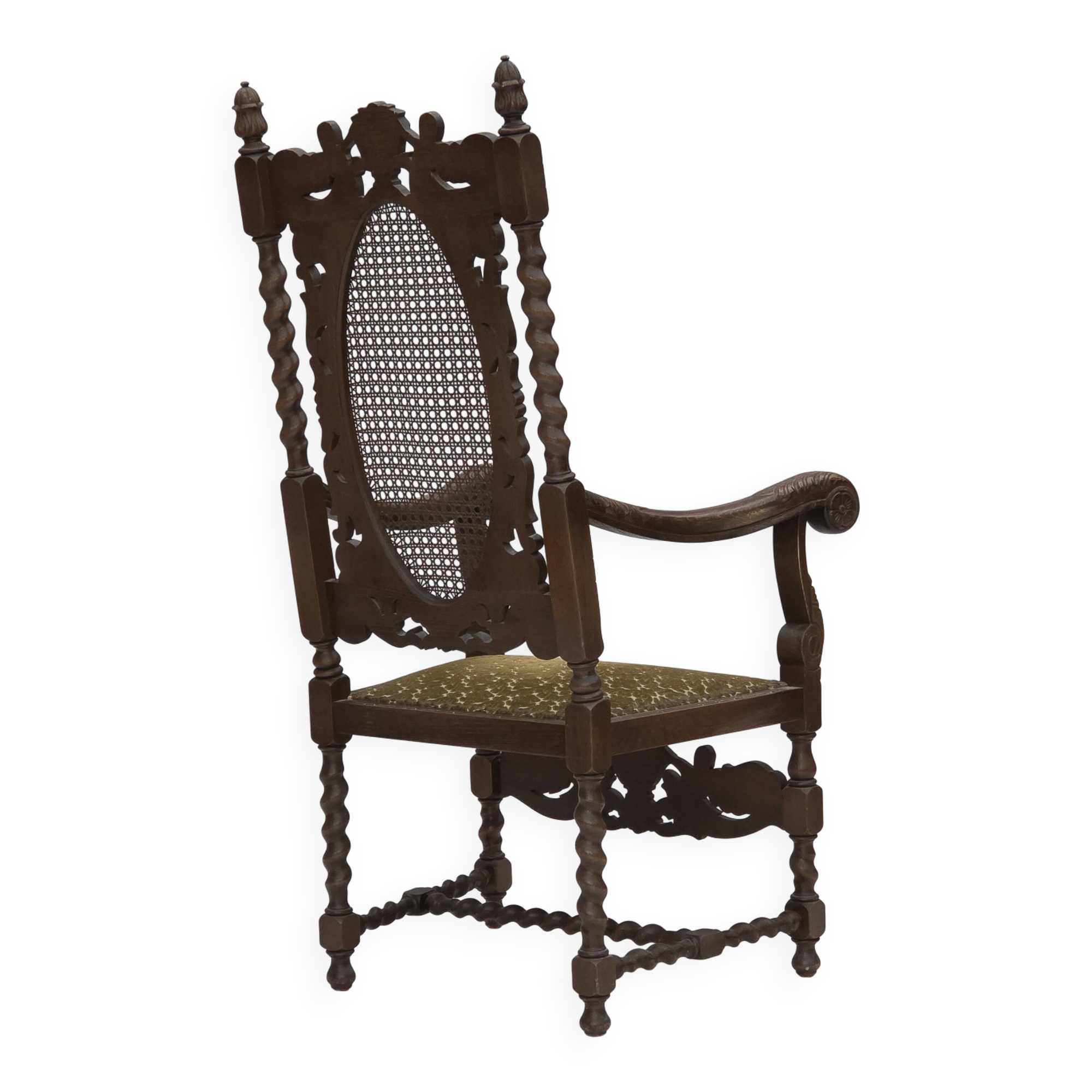 1930s, Danish highback armchair, furniture mesh, velour, carved oak wood.