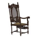 1930s, Danish highback armchair, furniture mesh, velour, carved oak wood.