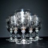 Saint-Louis set of 6 antique glasses with acid-etched rocaille and flower decoration 1920-30