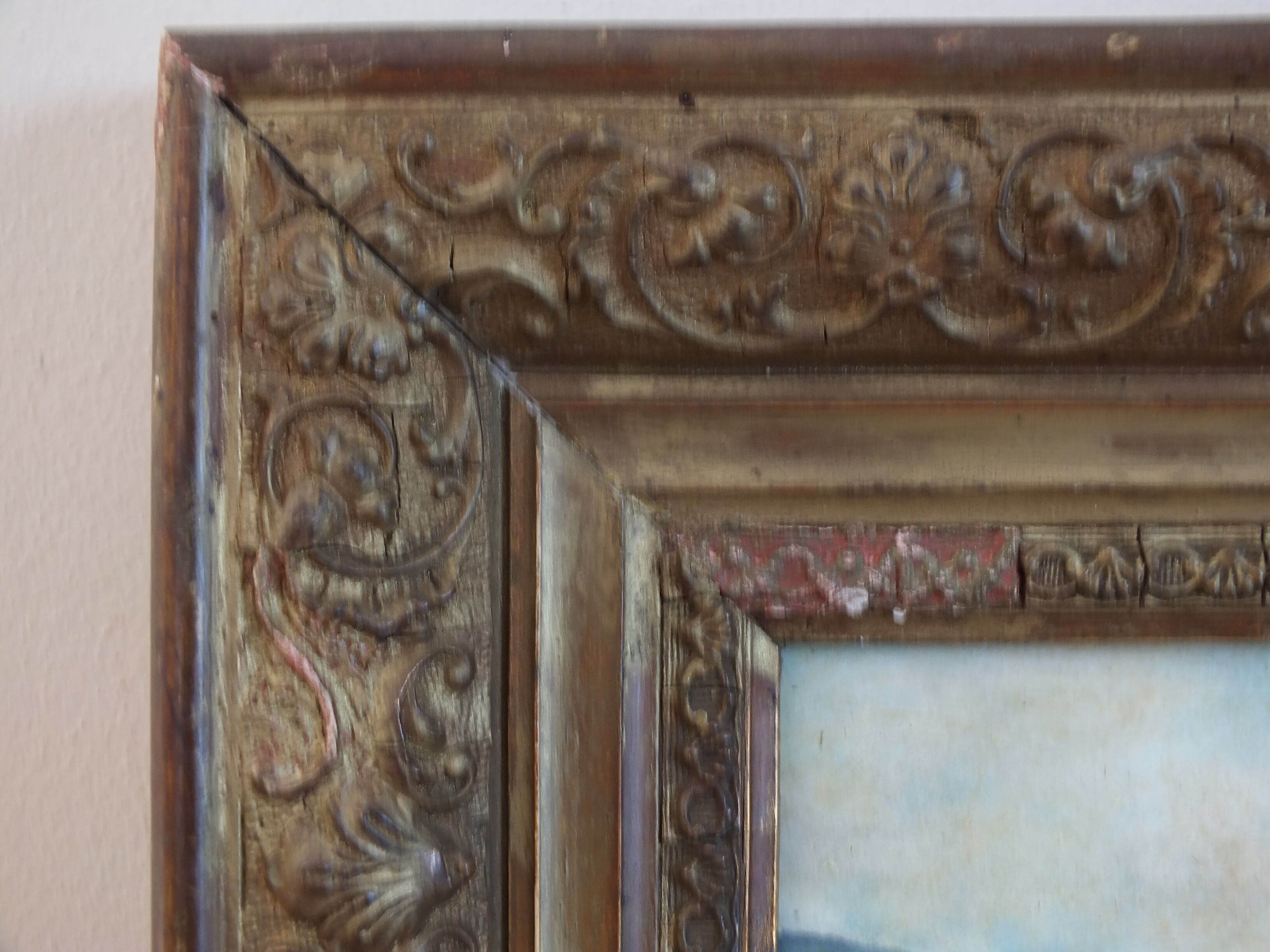 Painting on old panel framed and signed, cow and farmer