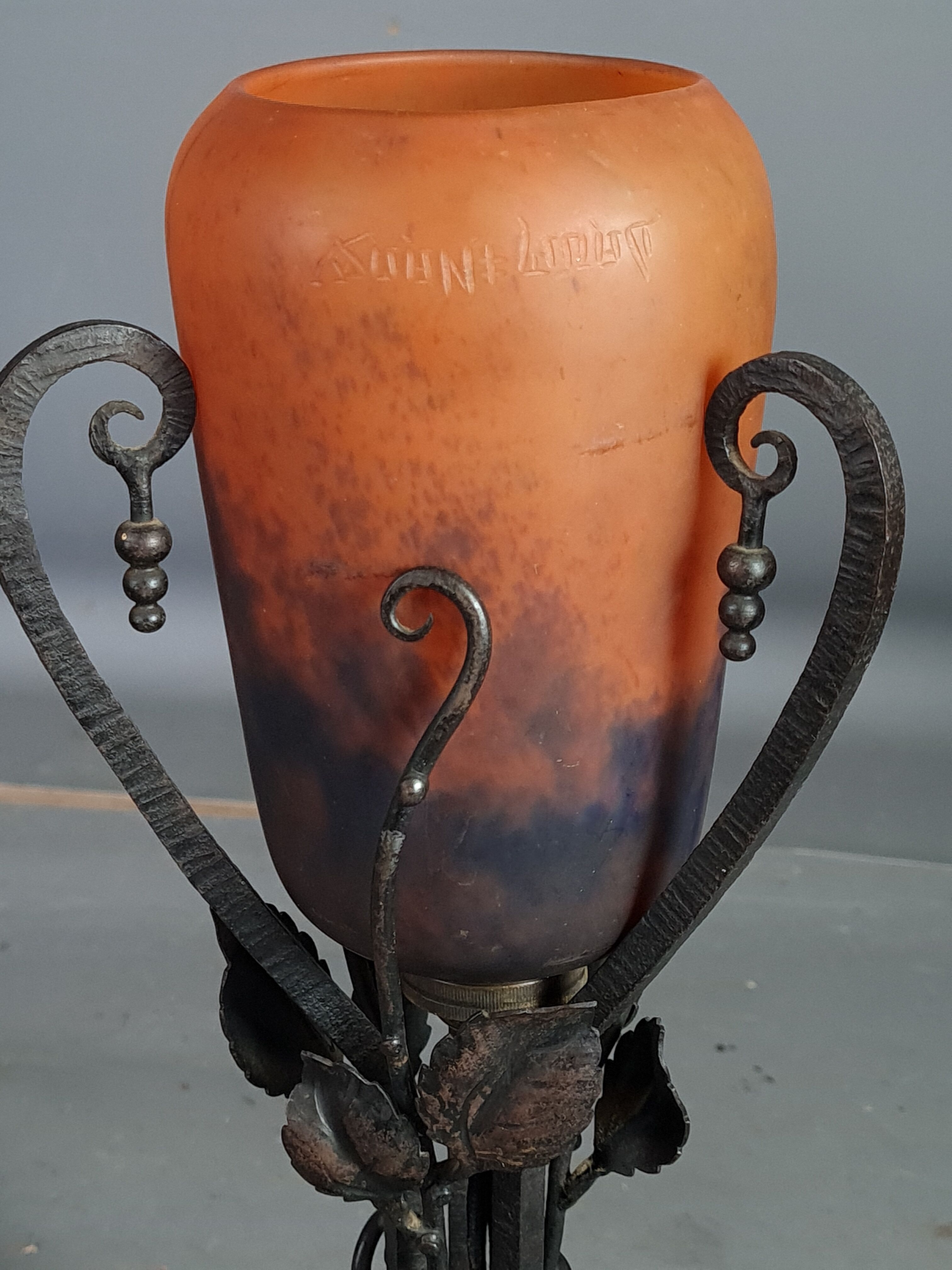 Daum, art-deco table lamp wrought iron tulip glass signed sb