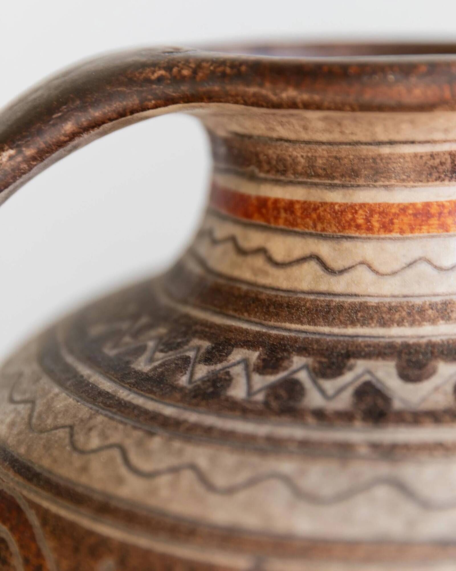 Vintage ceramic vase from the 1960s, hand-painted Italian pottery with two handles, brown tones and decorative pattern by Italica Ars.