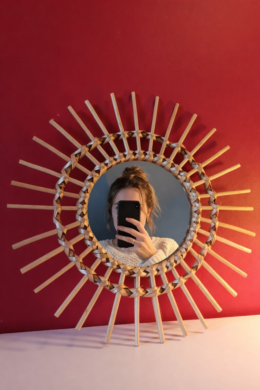 Vintage bohemian woven rattan sun mirror