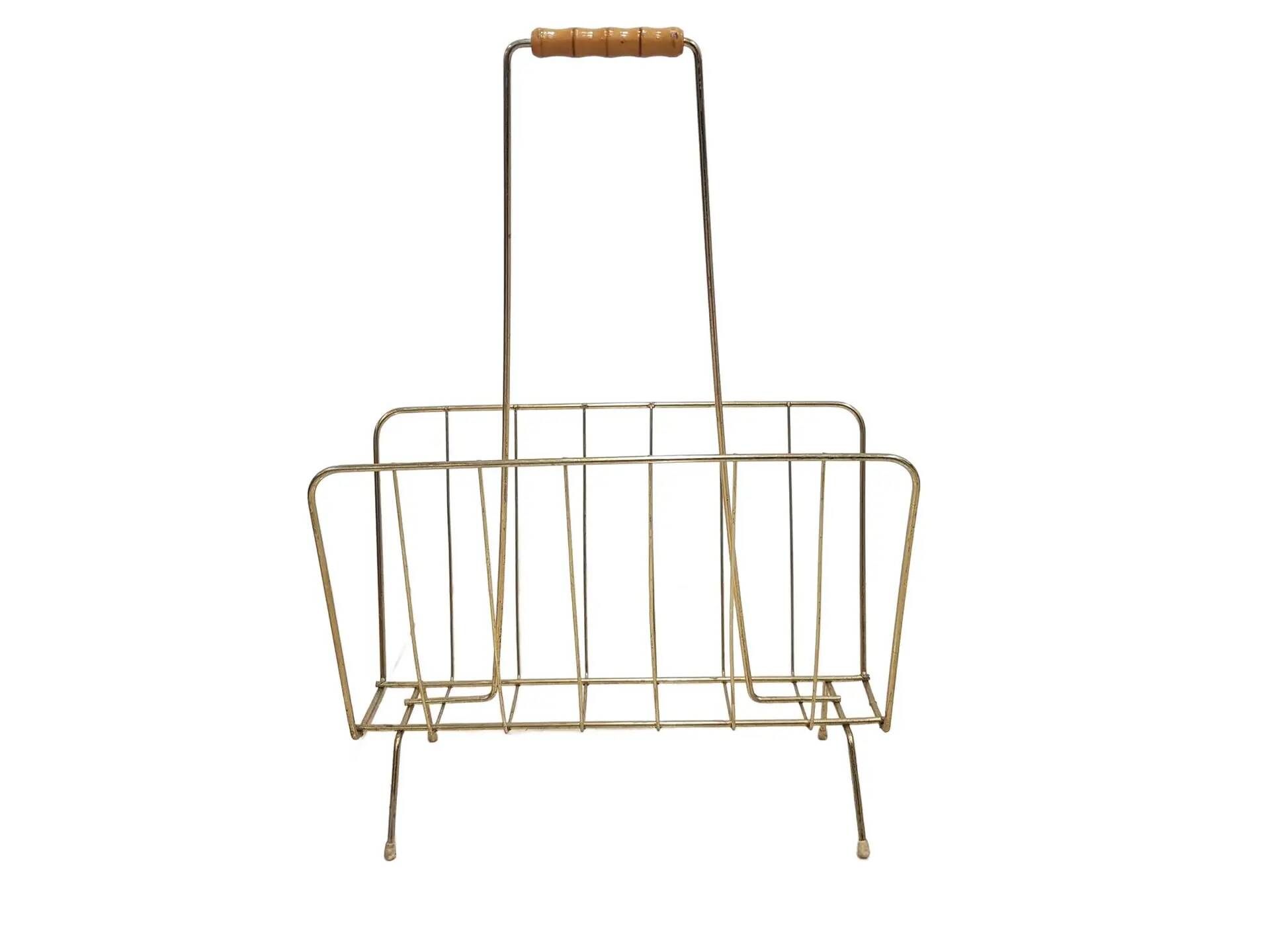 Magazine rack, gold metal, brown wood, Germany, 1970s