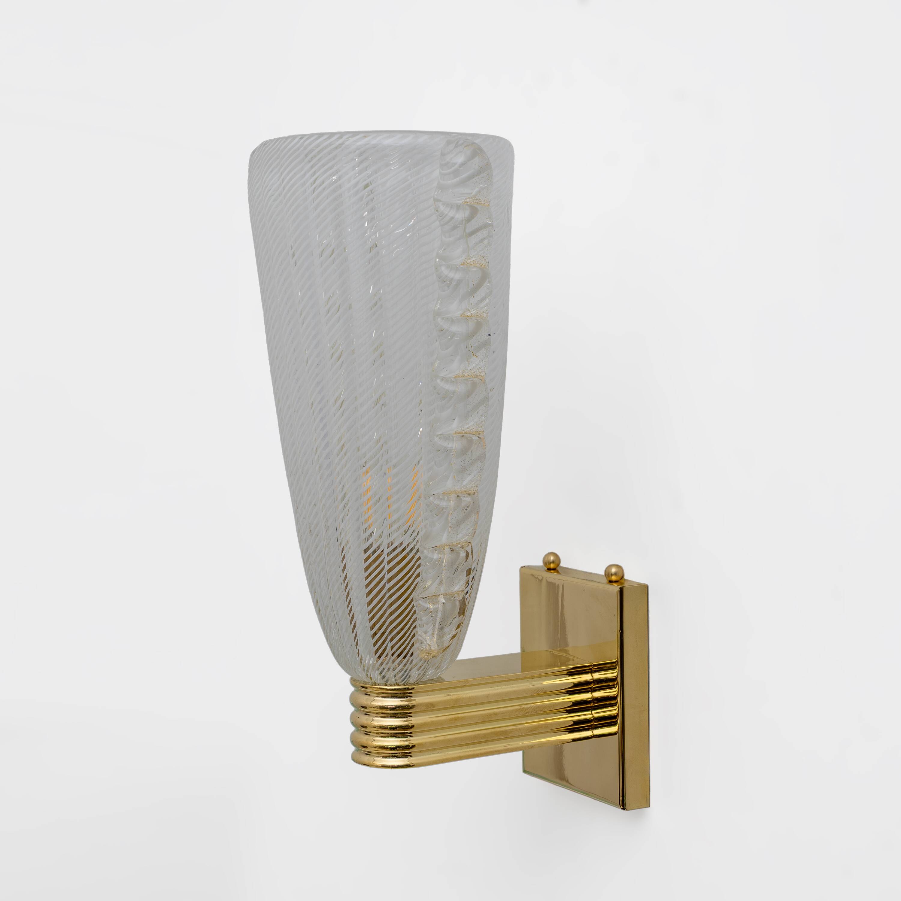 Attributed to Barovier & Toso Brass and "Reticello" Murano Glass Sconces