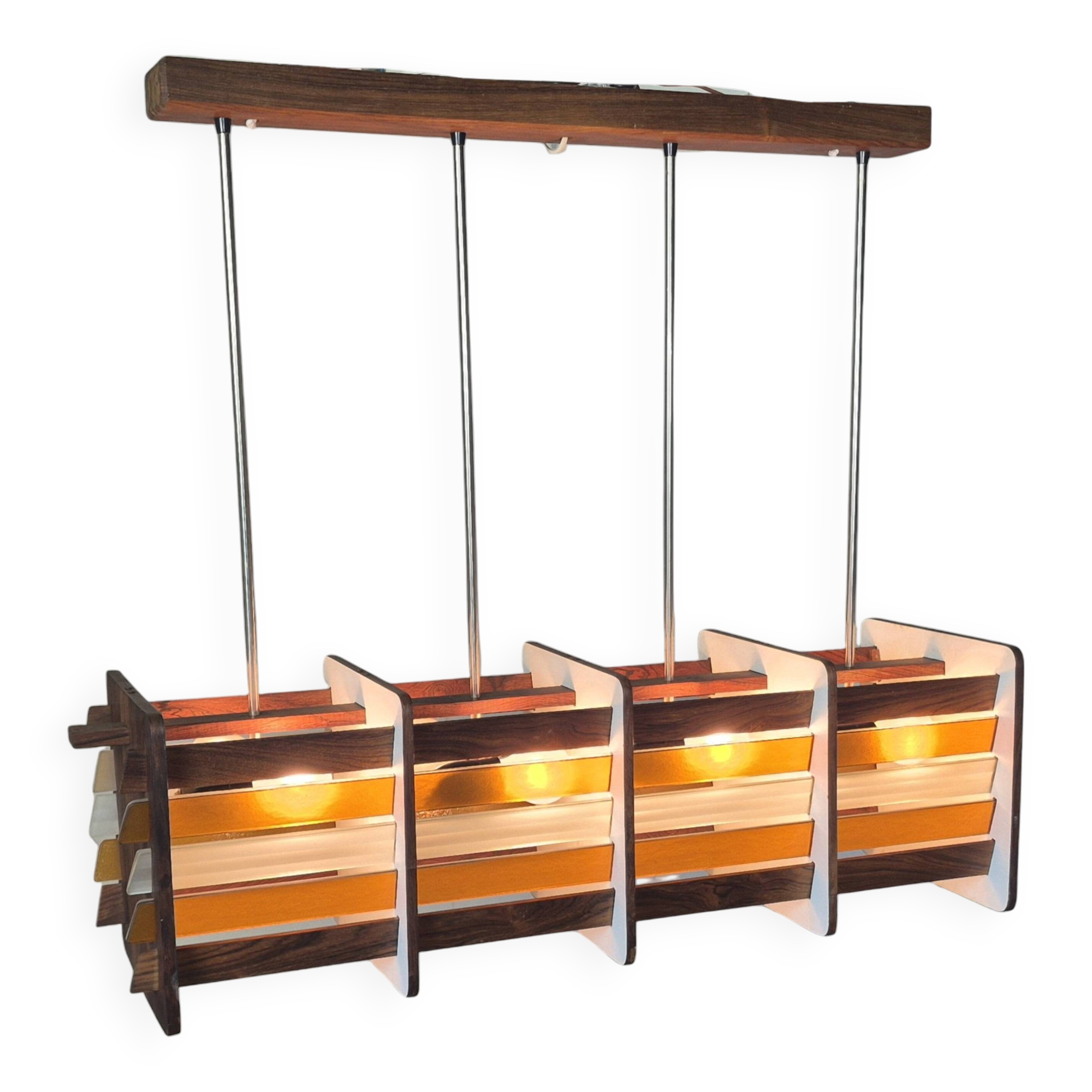 Mid century handcrafted wood and glass chandelier: Netherlands 1960s