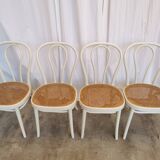 Set of 4 Vintage Thonet Style Dining Chairs: White Wood & Cane