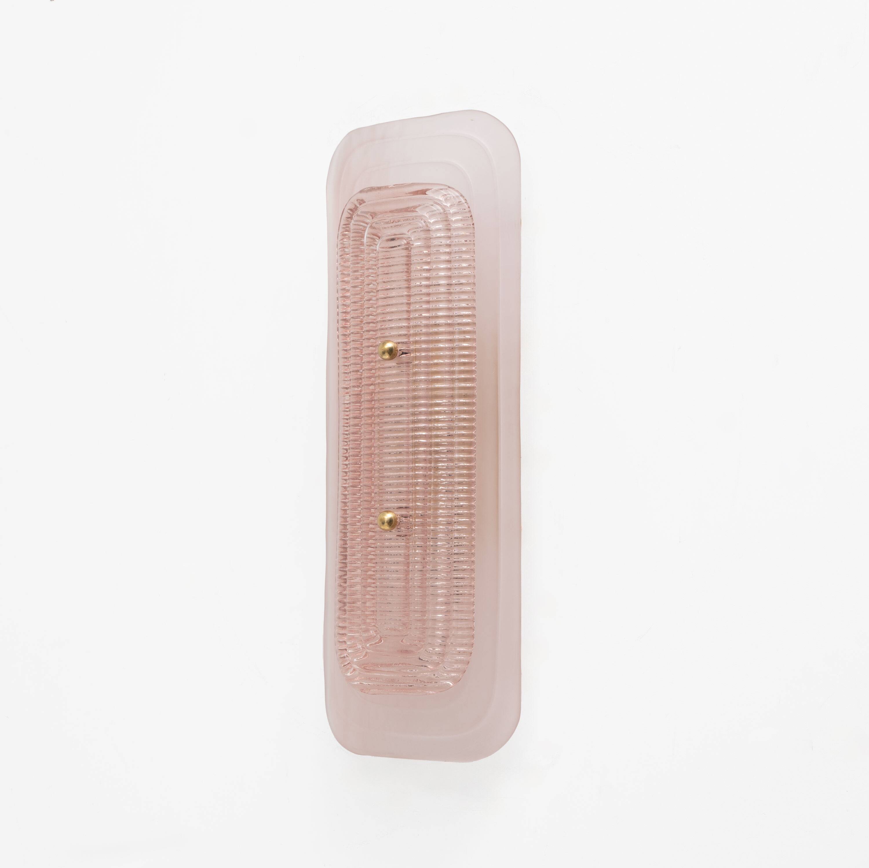 Pair of Art Deco Sconces in Matte and Glossy Pink Murano Glass and Brass