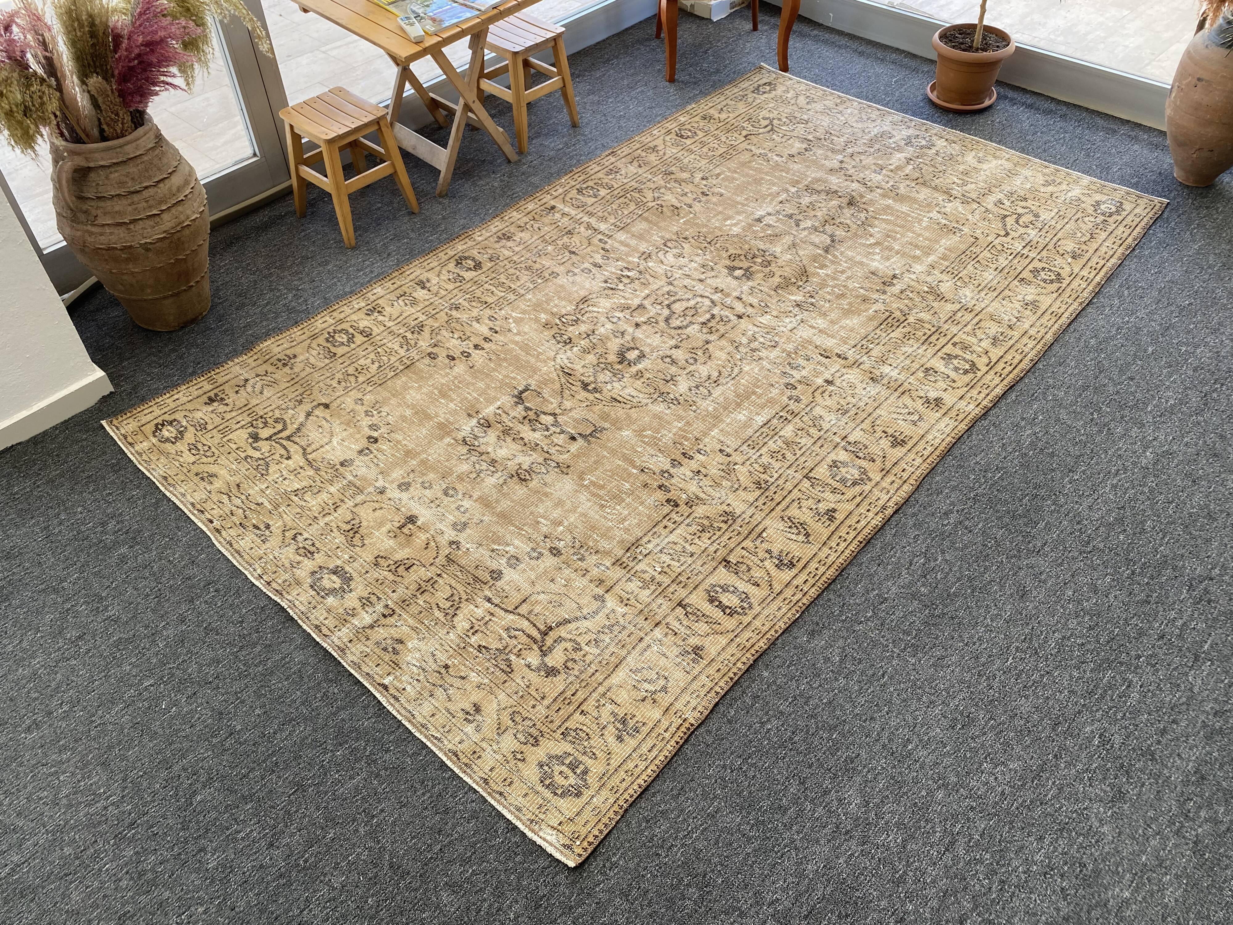 Tapis Oushak beige décor rustique, 6x10, surteint sable, pour salon, MOON.145