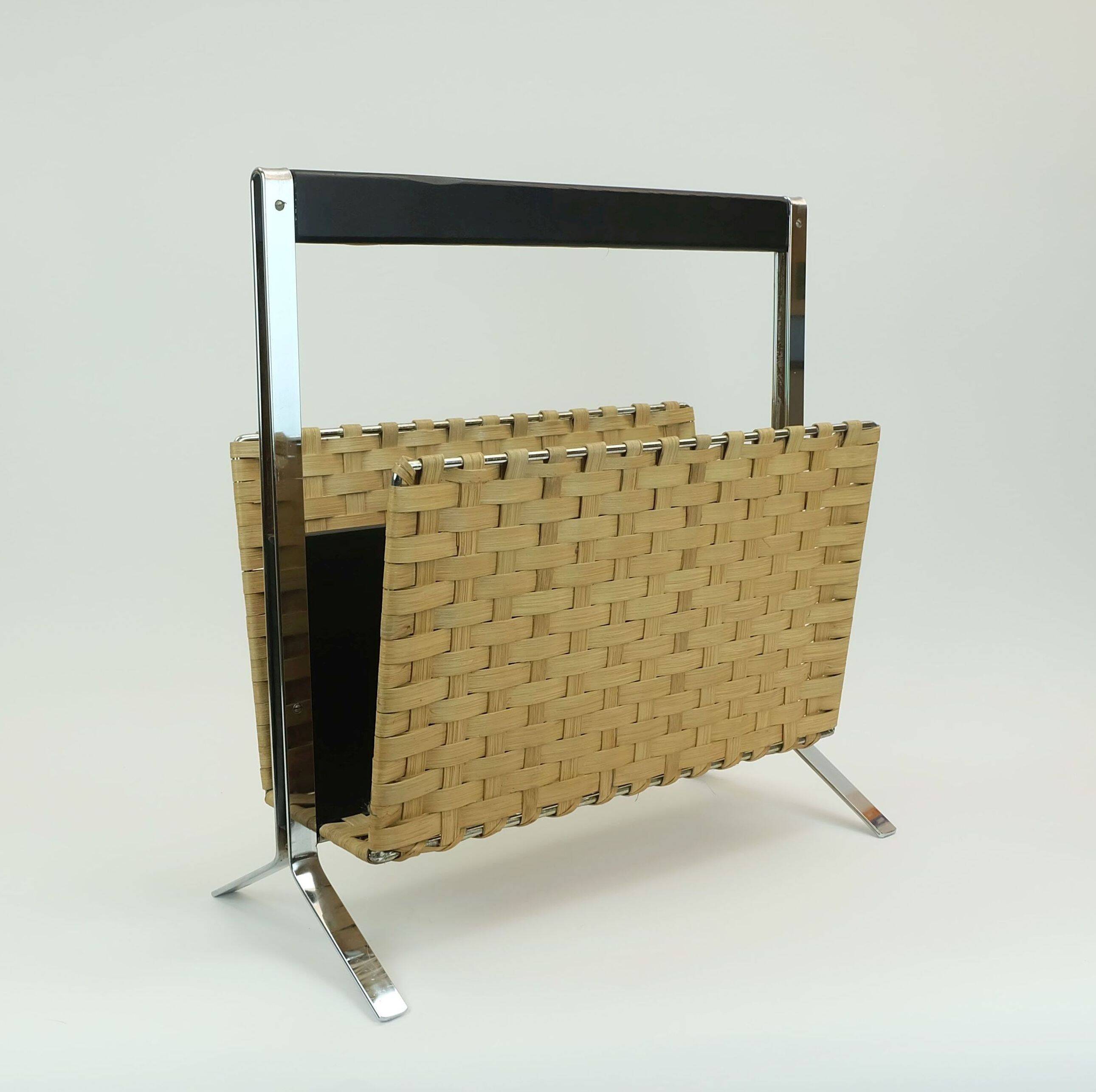 1970s vintage magazine rack newspaper holder chrome leather bamboo