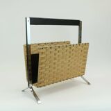 1970s vintage magazine rack newspaper holder chrome leather bamboo