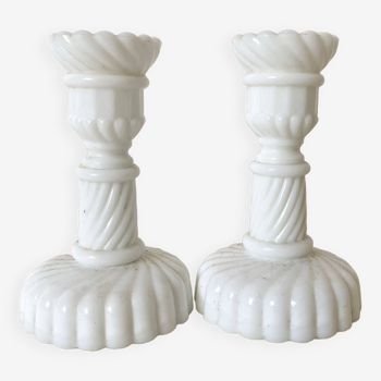 Pair of small white opaline candlesticks