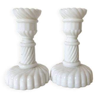 Pair of small white opaline candlesticks