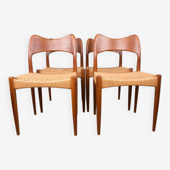 Series of 4 Danish Teak and Cordage chairs by Arne Hovmand Olsen 1960.