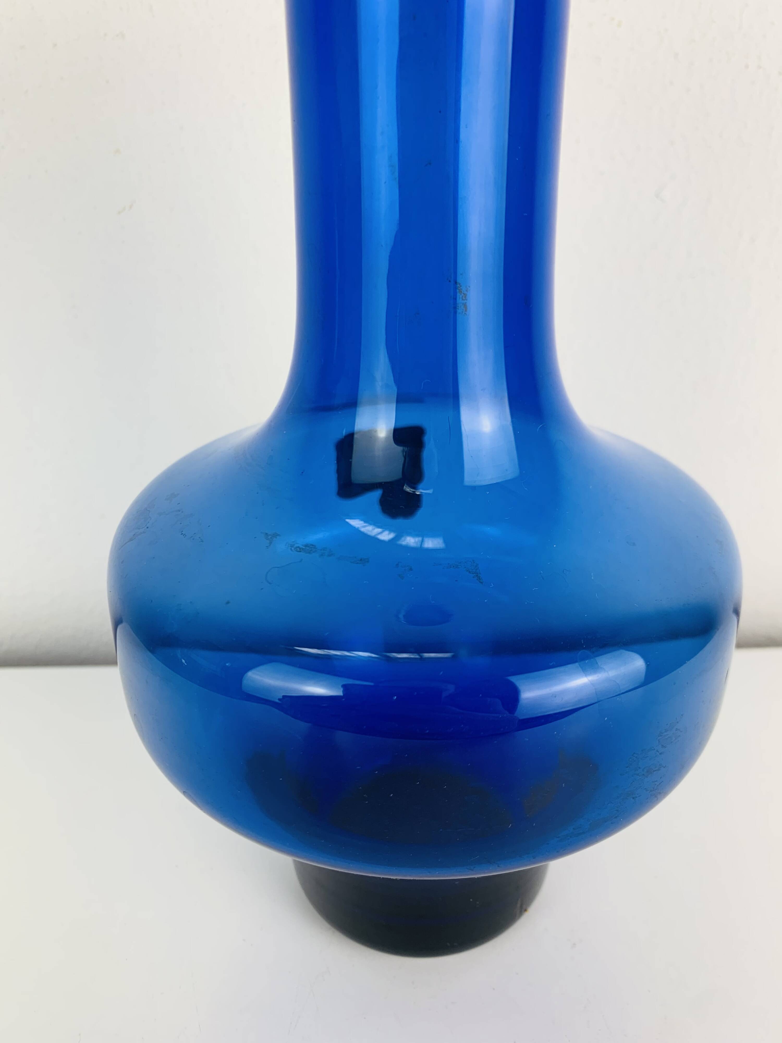 Blue glass vase in Scandinavian style from the 1960s, mouth-blown.