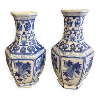 Pair of chinese style vases with blue tones vine decor hexagonal shape