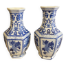 Pair of chinese style vases with blue tones vine decor hexagonal shape