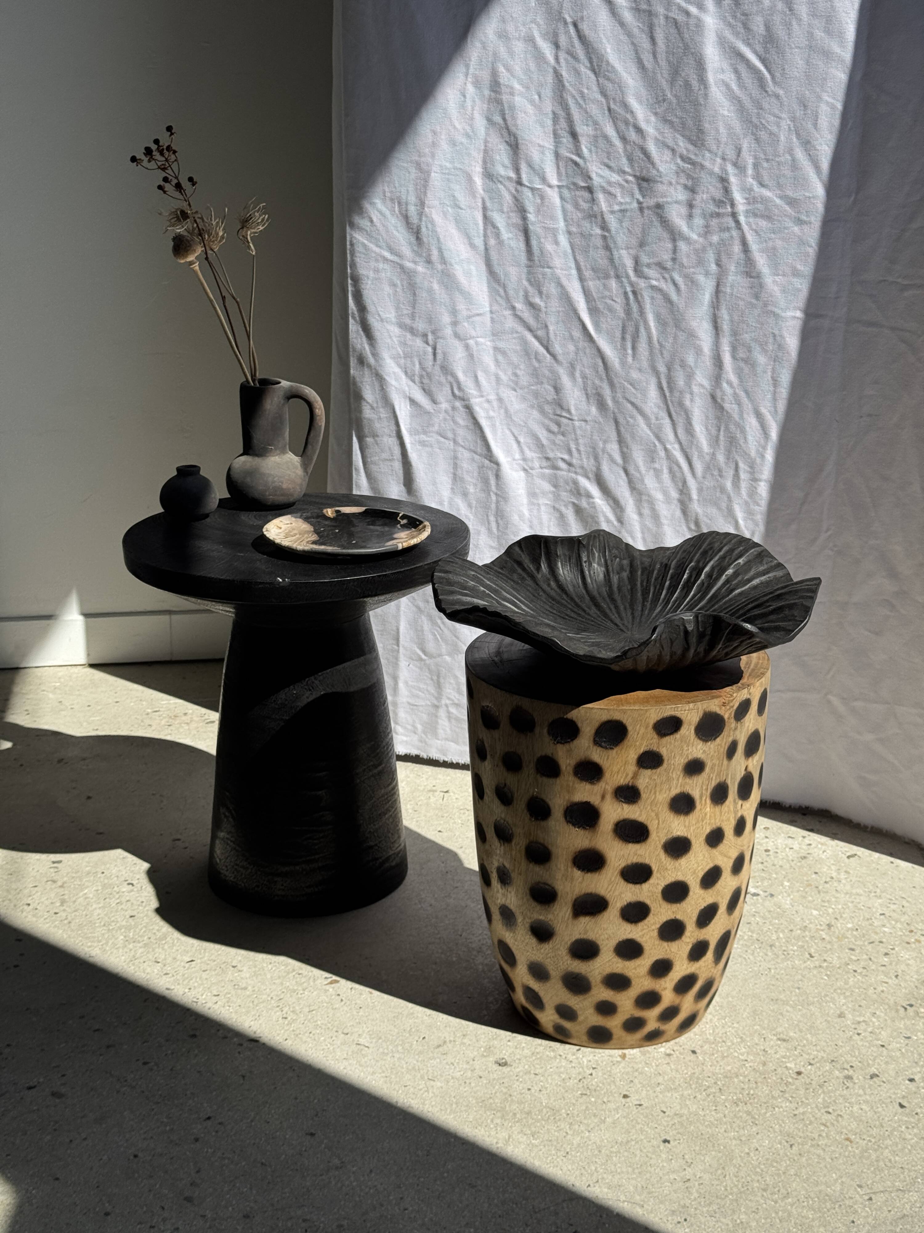 Stool, side table, cylindrical solid mango wood end table.