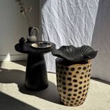 Stool, side table, cylindrical solid mango wood end table.