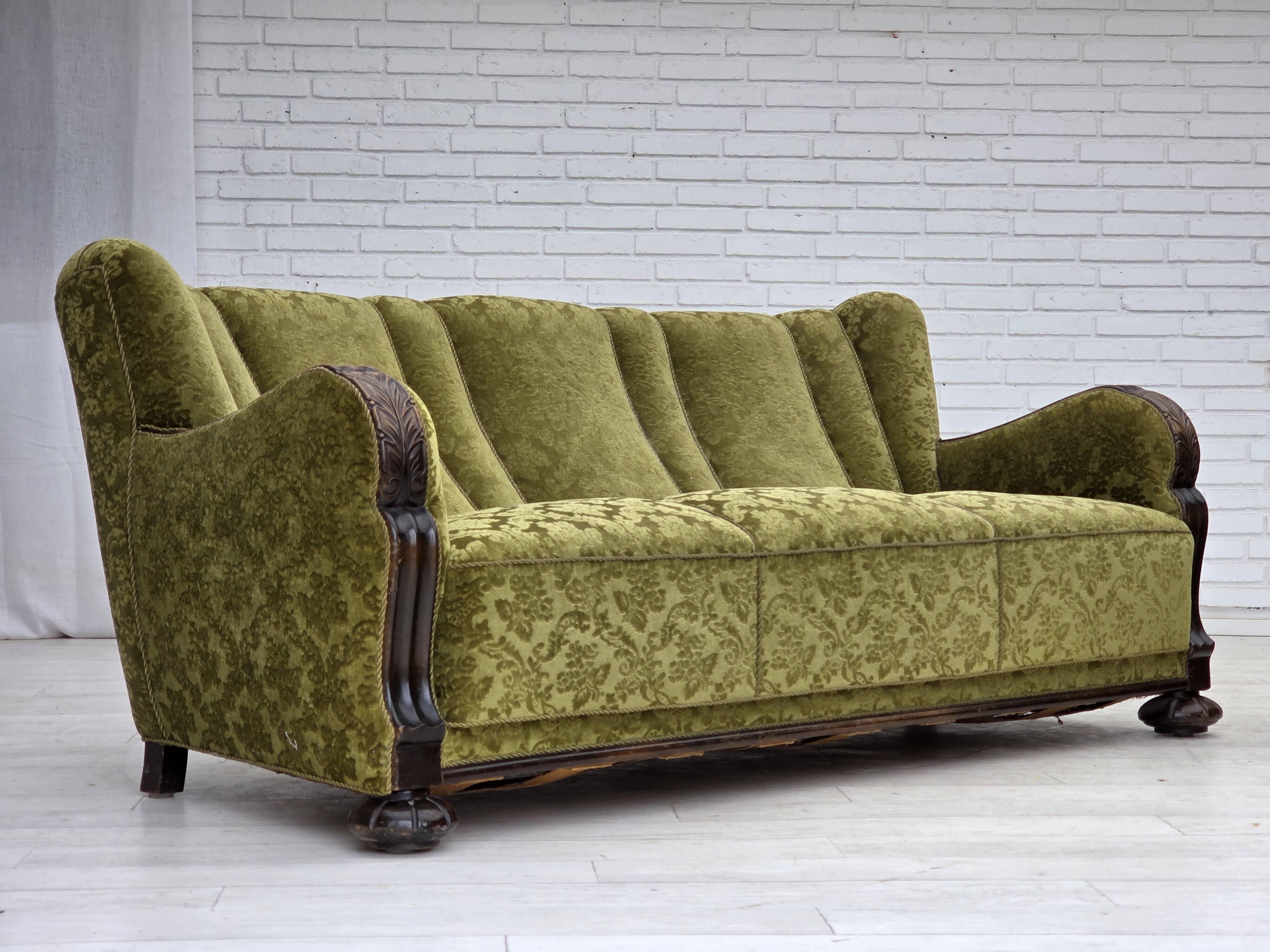 1960s, Danish 3-seater sofa, furniture velour, carved oak wood.