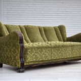 1960s, Danish 3-seater sofa, furniture velour, carved oak wood.