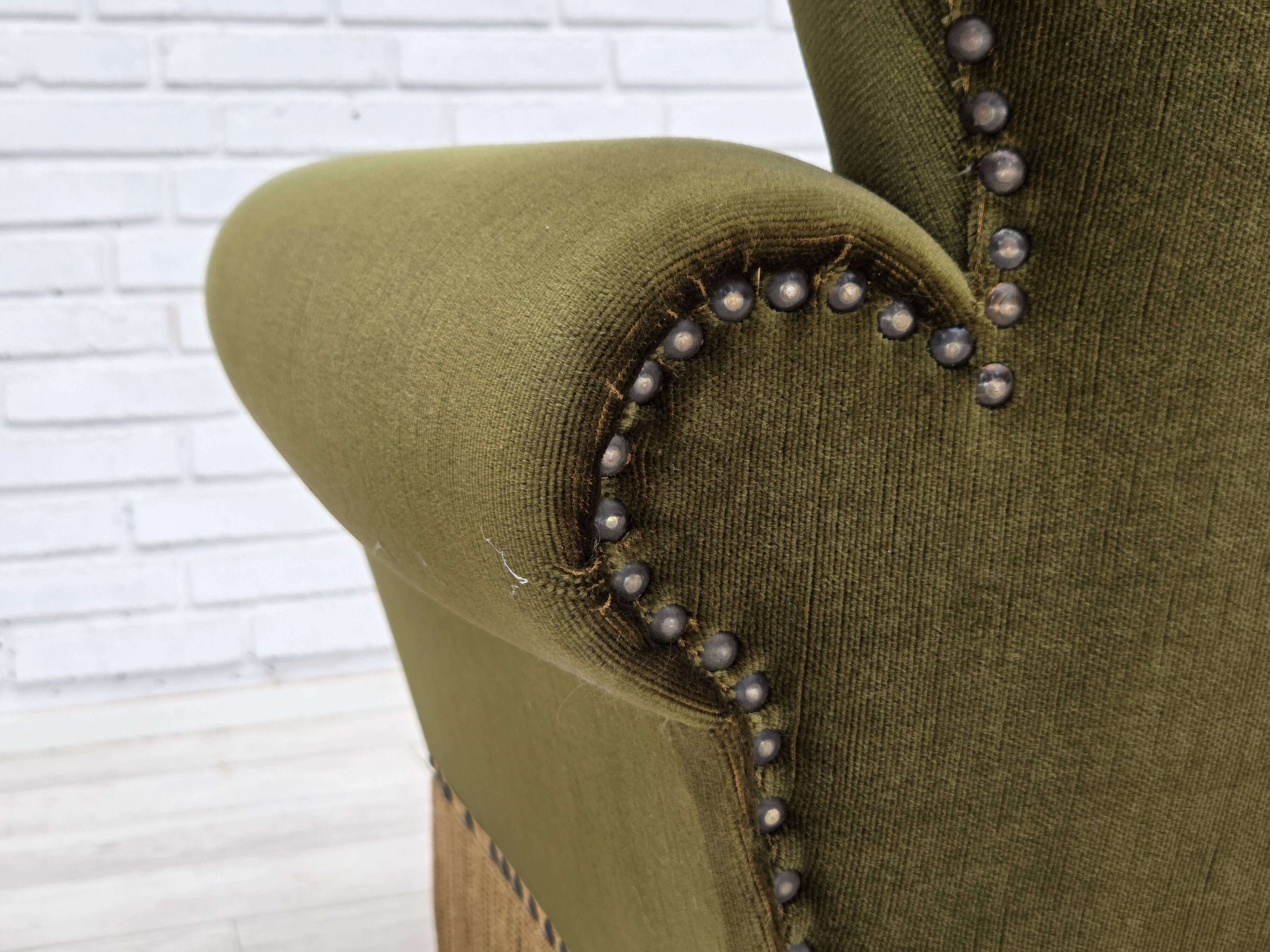 1970s, Danish lounge chair, low, furniture velour, ash wood legs.