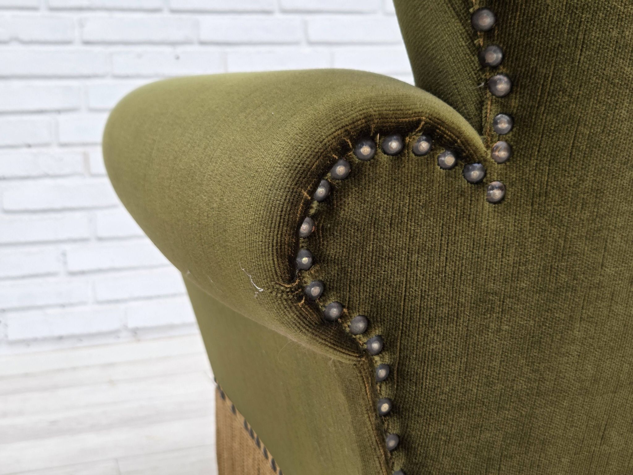 1970s, Danish lounge chair, low, furniture velour, ash wood legs.