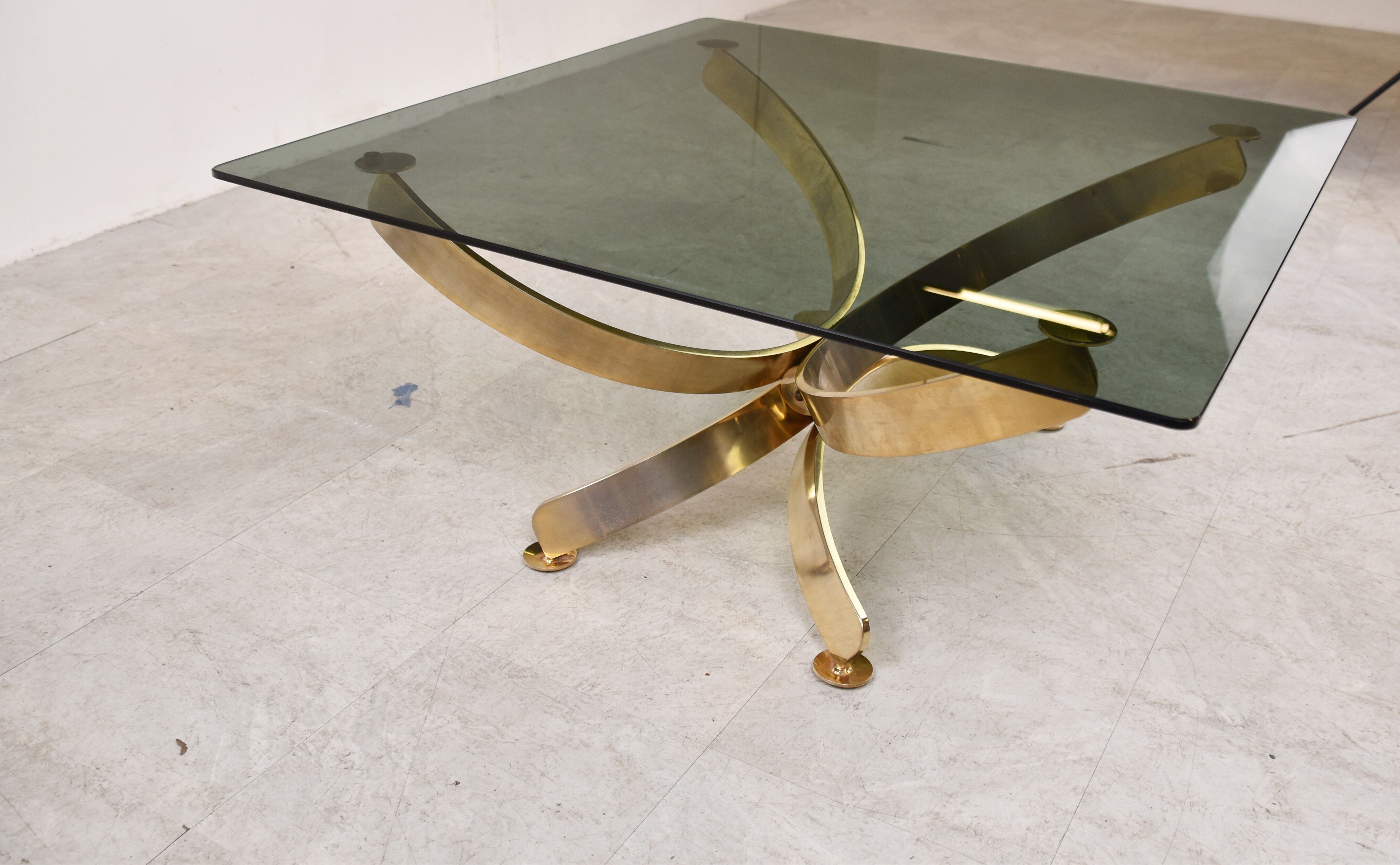 Brass and smoked glass italian coffee table, 1970s