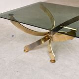 Table basse italienne en laiton et verre fumé, années 1970