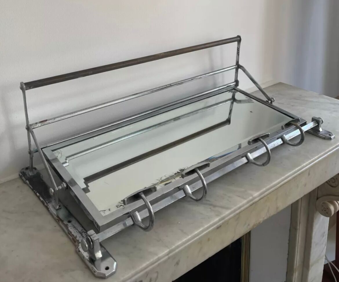 Vintage coat rack, beveled mirror and chrome, art deco