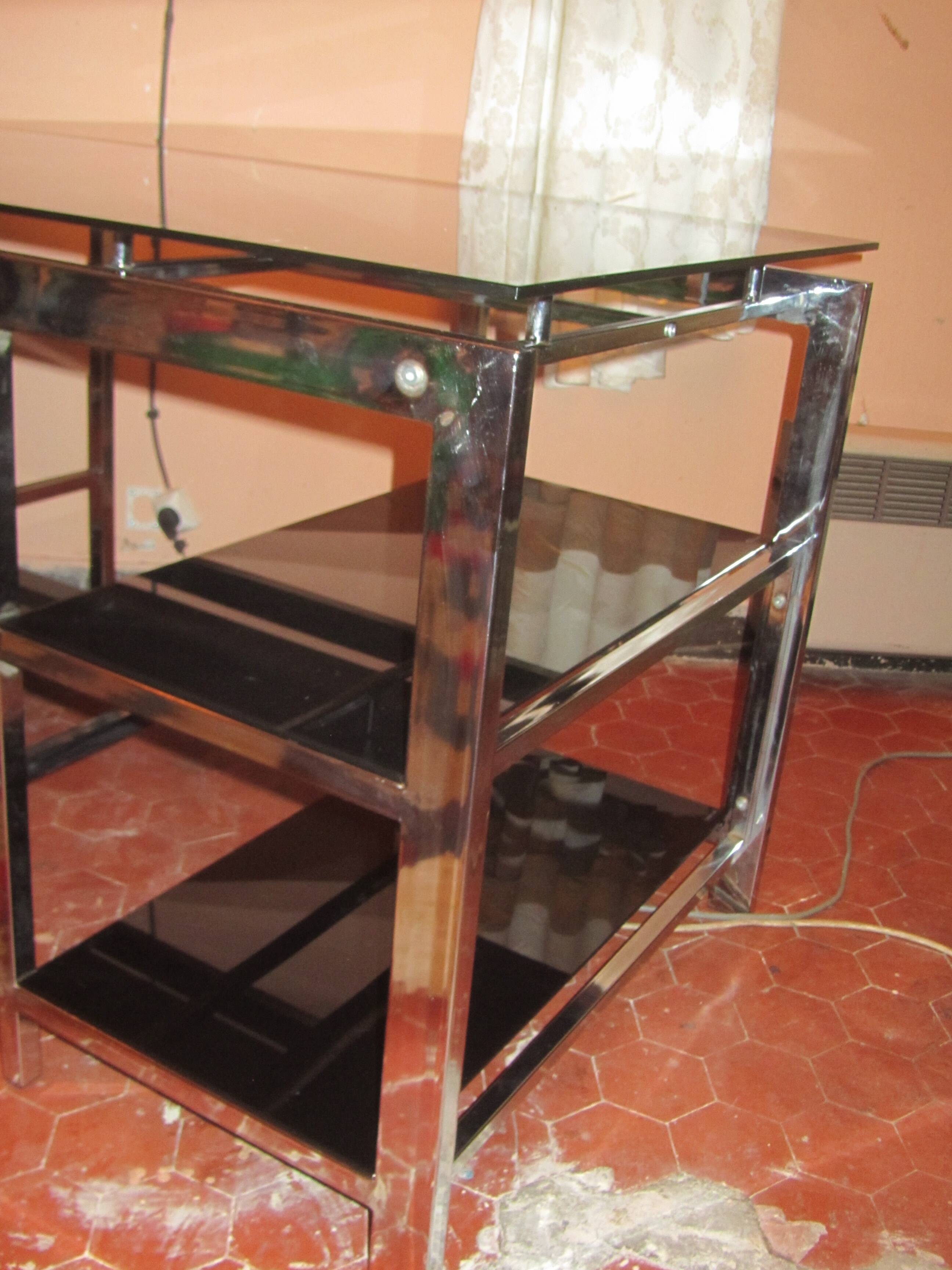 Vintage 70s chrome and smoked glass desk.
