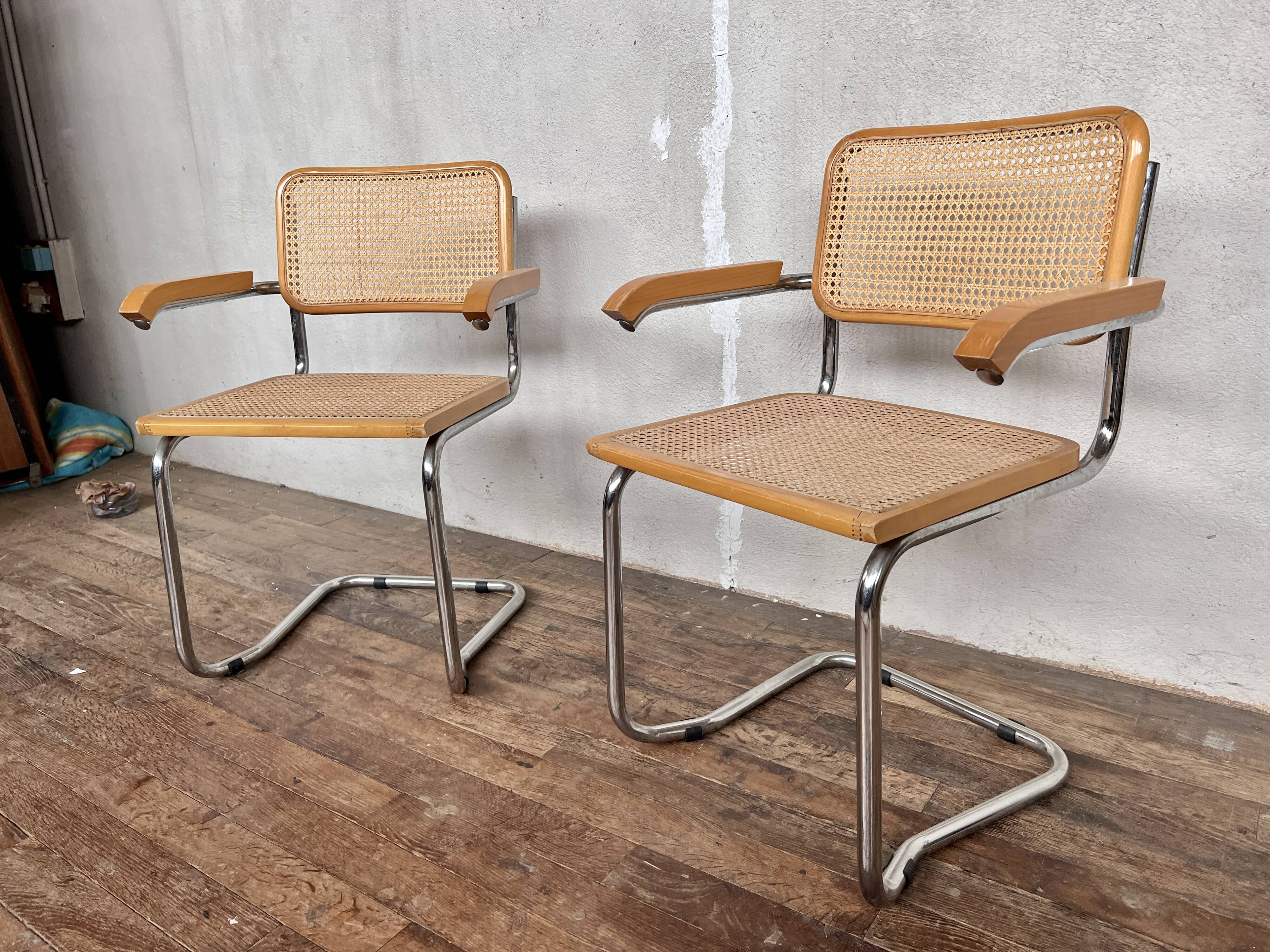 Pair of Breuer style armchair chair  made in italy vintage 1970 beige