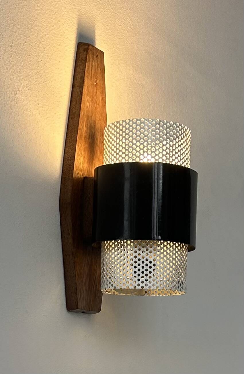 Vintage wall light, wood, black and white lacquered metal, France, 1950