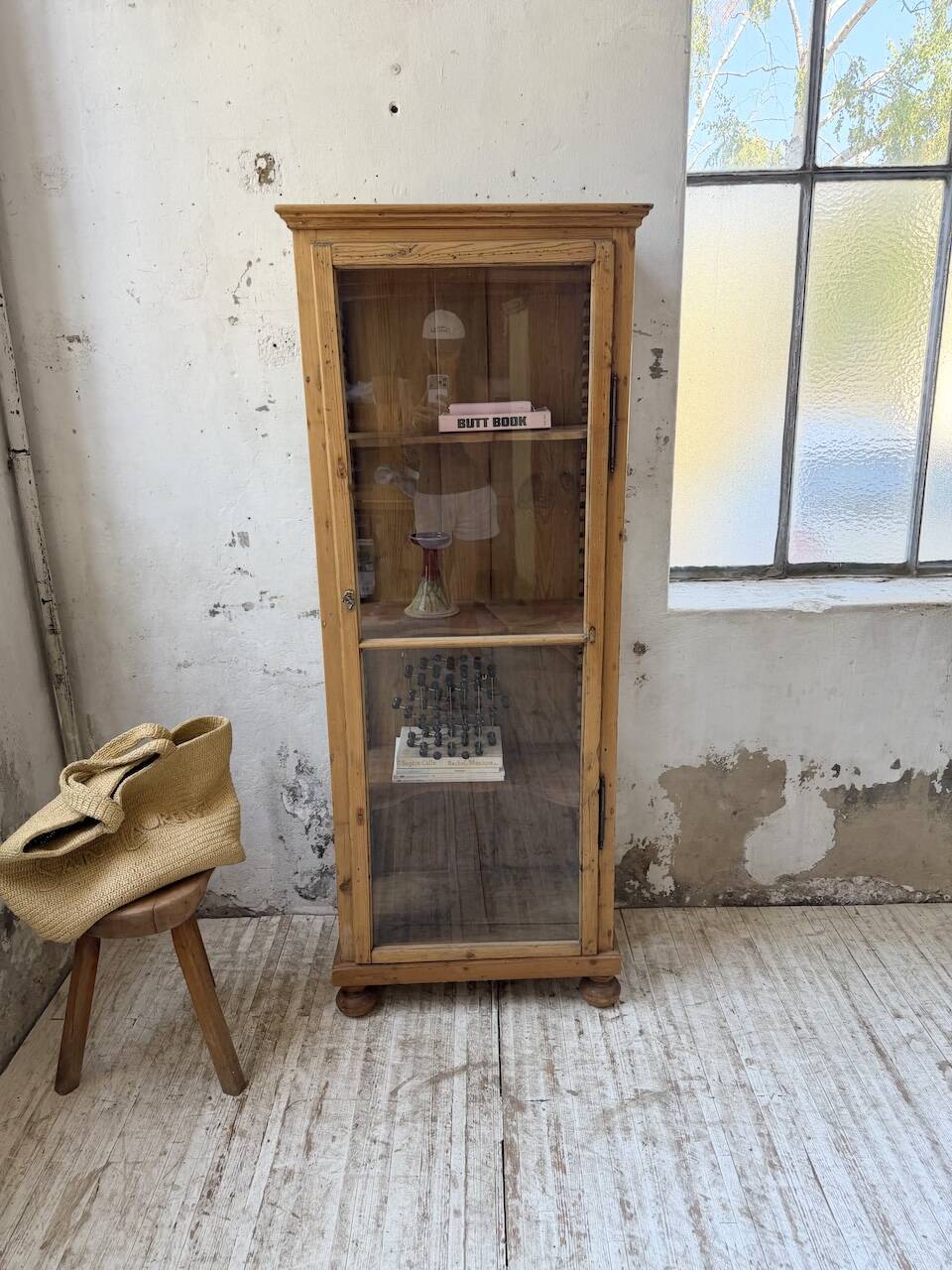 19th-century English pine display cabinet