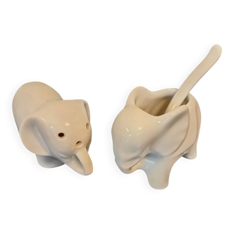 Elephant salt cellar and mustard pot in porcelain