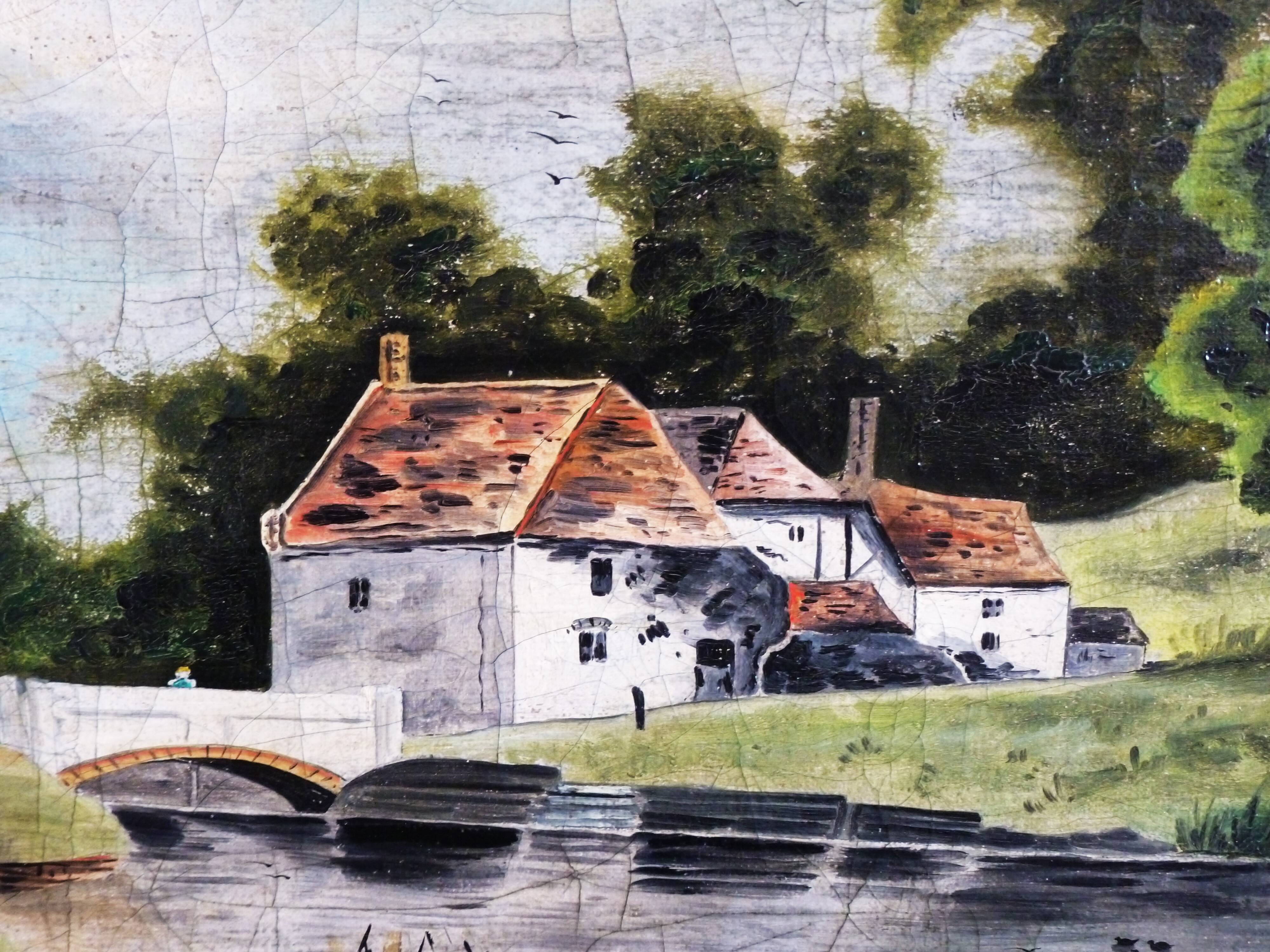 Antique oil painting, vintage bucolic countryside painting.