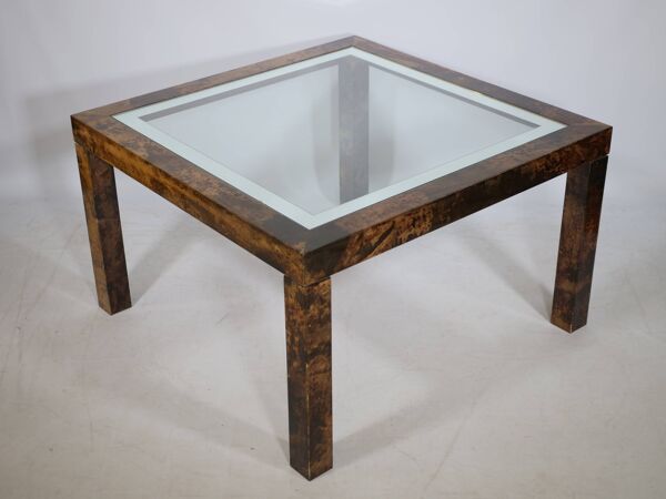 Table basse design Aldo Tura, en verre, cuir de chèvre et parchemin – Table d'appoint 1978